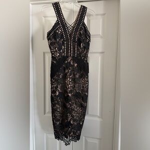 HARI Black Lace Midi Dress with Nude Lining